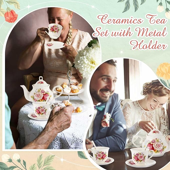 Zhehao 20 Pcs Porcelain Tea Set with Metal Holder and Spoon Adult Ceramic Tea Party Set European Flower Painting Teapot Cup Saucer Spoon for Women, Large Version(Modern Style)