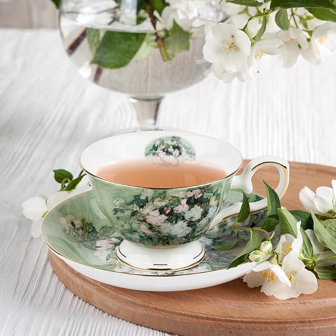 Floral Tea Cups Saucers Set of 2, Van Gogh Paintings Bone China 7 oz British Teacups Porcelain Tea Cups Coffee for Rose Teacups Cappuccino Espresso Latte (White Roses & Flowers Vase)