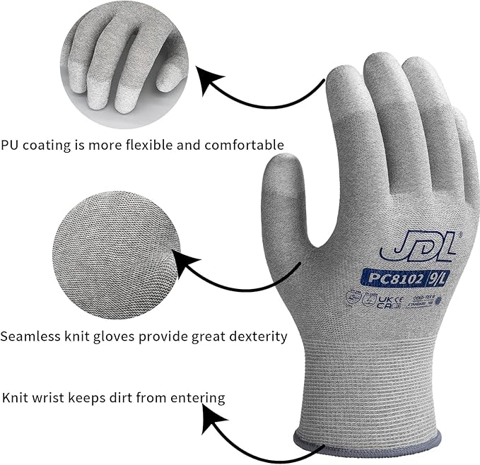 JDL ESD Work Gloves, Anti-Static Gloves for PC Building, Computer Installation & Repair, High Resistance Carbon Fiber Gloves, 6 pairs, Small