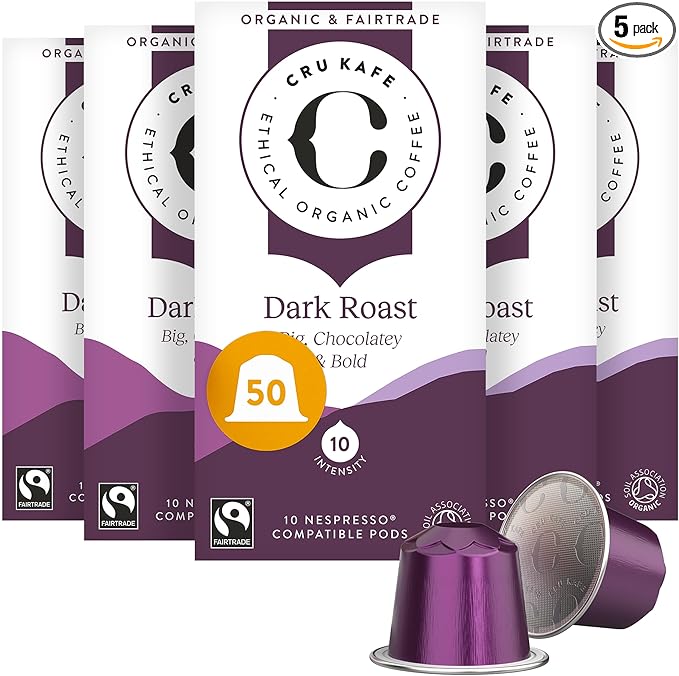 Cru Kafe Dark Roast USDA Organic Espresso Coffee Capsules (50 Pods) Fairtrade Coffee Pods Compatible with Nespresso Original Line and Pixie Machines