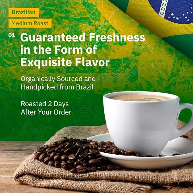 Brazilian Santos Medium Roast Coffee Beans - Single Origin Arabica Specialty Coffee Beans, Freshly Roasted to Order, Fair Trade