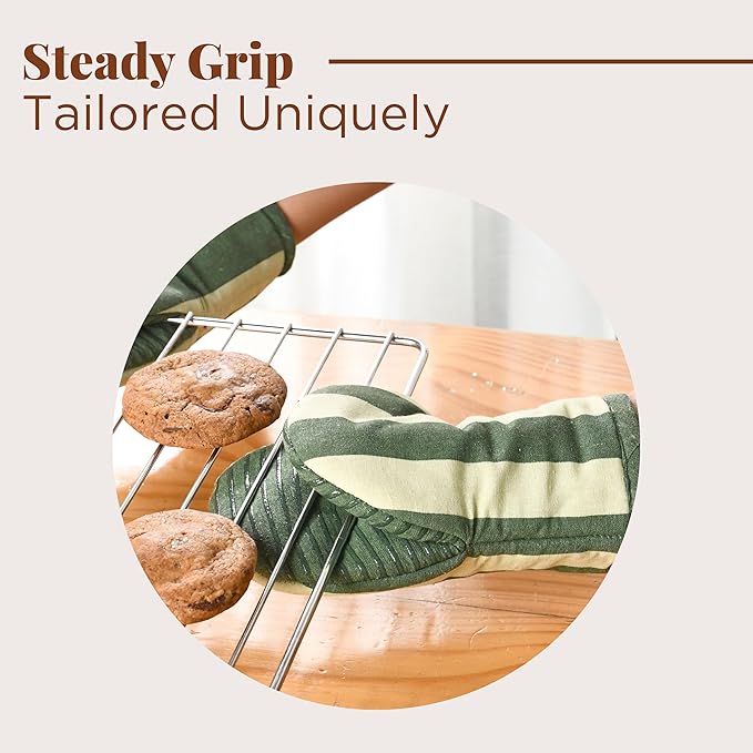 Folkulture Mini Oven Mitts Heat Resistant | (5.75 x9) Set of 2 Green Short Oven Mitts with Hanging Loop | 100% Cotton Oven Gloves | Kitchen Mittens, Matcha Small Silicone Oven Mits