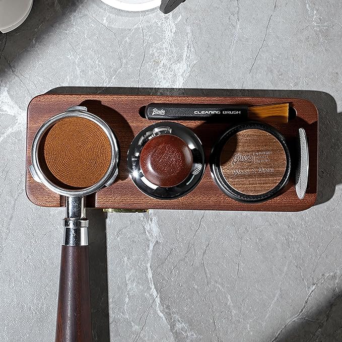 Bincoo 58mm Espresso Tamping Station - Sapele Coffee Bar Organizer with Non-Slip Mat, Multi-Slot Design for Counter, Holds Tamper,Distributor, Basket Holder