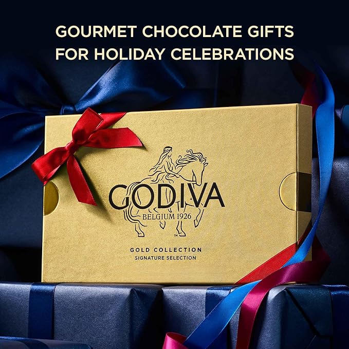 Godiva Red Bow Gold Assorted Chocolate Gift Box, Belgian Dark and Milk Chocolates with Pralinés, Ganaches & Caramels, Gourmet Holiday Gift, Non-GMO & Kosher, 8 Pc