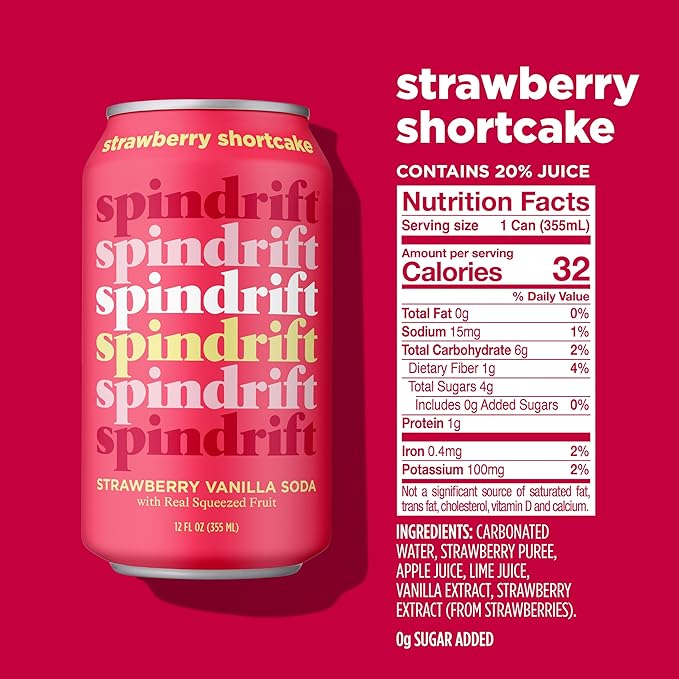 Spindrift Soda "Strawberry Shortcake" Strawberry Vanilla Soda with Real Squeezed Fruit 12 Pack Case