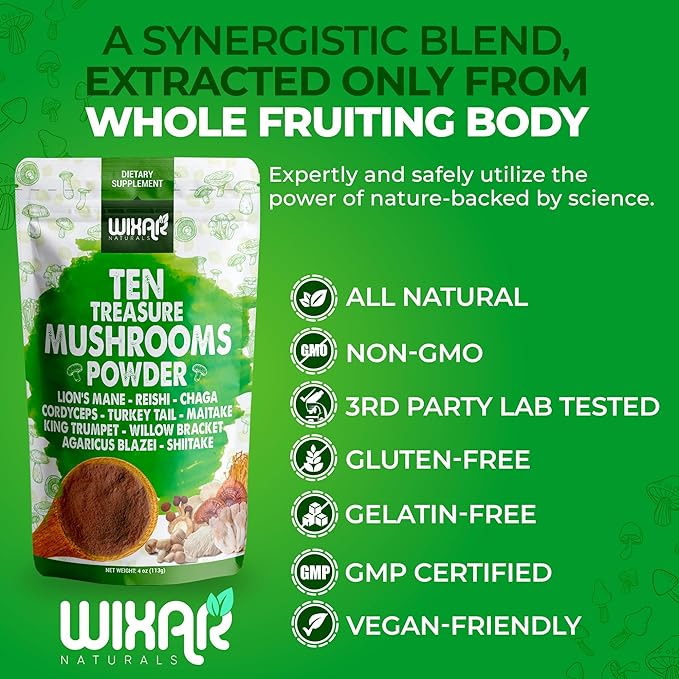 Wixar Mushroom Powder - Ten Treasure Mushrooms Extract Supplement Blend for Coffee & Smoothies - Lions Mane, Turkey Tail, Reishi, Chaga, Shiitake, Cordyceps, Complex - 4oz Mushroom Supplement