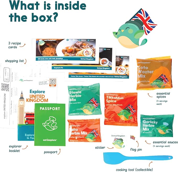 eat2explore Cooking Kits for Kids – Interactive & Educational Kids Cooking Sets Real for Ages 5 and Up,3 Recipe Cards & Global Ingredients – Fun Gift for Young Chefs (UK Edition)
