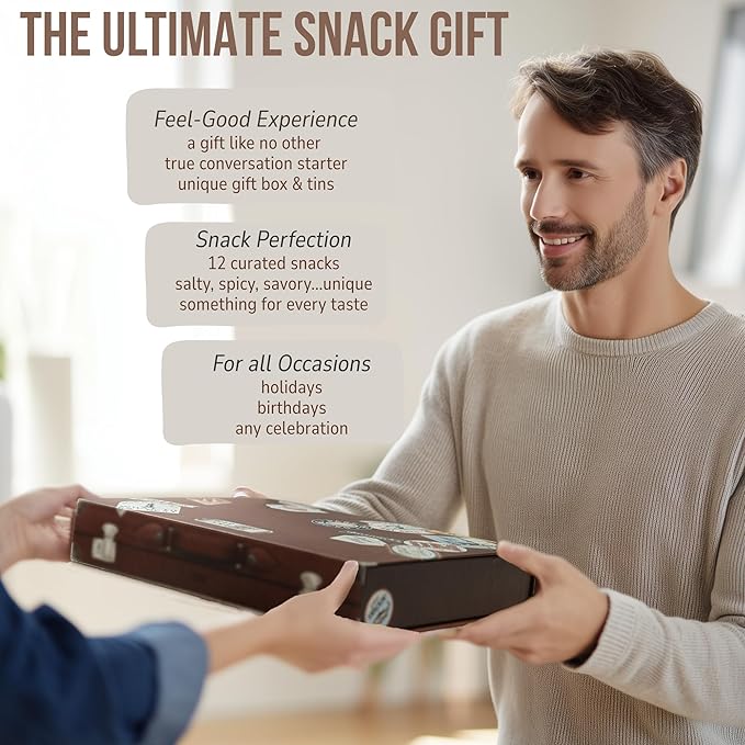 Snack Box Gift Basket, Birthday Gift for Men, Women, Food Care Package, Unique Tins of Assorted Nuts, Snacks in Stunning Case - Treat for Men, Women, Dad, Friends, Family