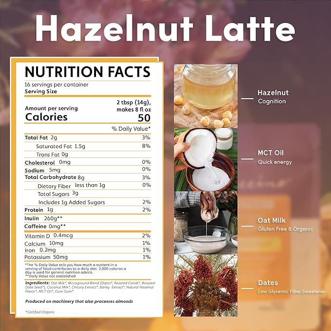 Teeccino Organic Instant Hazelnut Herbal Latte – 14 Servings – Creamy Oat & Coconut Latte Plus MCT Oil with Buttery Hazelnuts & Dates Accenting Roasted Chicory – Prebiotic, Caffeine-Free – 7.9 ounces
