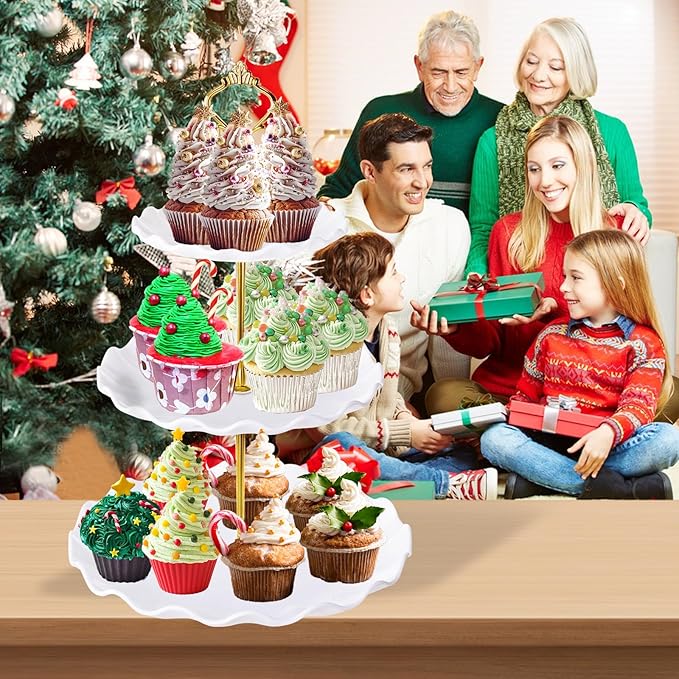 Hoedia 3 Tier Cupcake Stand Tower, Plastic White Cup Cake Holder for Dessert stands, Tiered Serving Tray for Tea Party, Birthday Party, Wedding Decor and Baby Shower(Round Wave)