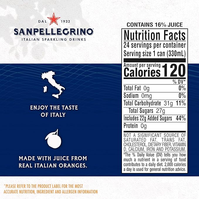 Sanpellegrino Italian Sparkling Drink Aranciata, Sparkling Orange Beverage, 24 Pack Of Cans