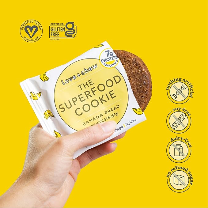 Love + Chew Superfood Soft Baked Cookies, Banana Bread Flavor, Plant Based Cookie Made With Almonds, Chia Seeds, & Bananas for Kids and Adults, Vegan Snacks, Gluten Free, Paleo, Non GMO, 60 Pack