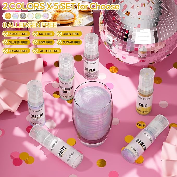 Edible Glitter Spray,2 Colors Gold & Iridescent Food Grade Edible Glitter Set for Drink Cake Beverages,Cupcakes,Cake Pops and Cookies Decorating