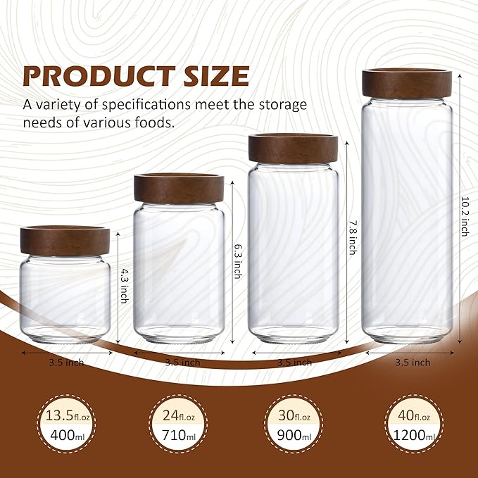 24 oz/710 ml Glass Jar with Airtight Wooden Screw Top Lid, Clear Stackable Food Storage Canister, Medium Cute Decorative Glass Container for Coffee, Candy, Cookie, Sugar, Oatmeal, Salt, Spice