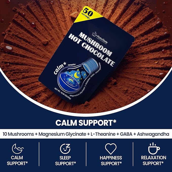 Mushroom Hot Chocolate for Calm, 50 Servings Cocoa Powder | 10 Mushrooms Supplements with Magnesium Glycinate, L-Theanine, Ashwagandha & GABA | Support Focus, Mood & Sleep | Vegan & Keto, Gluten-Free