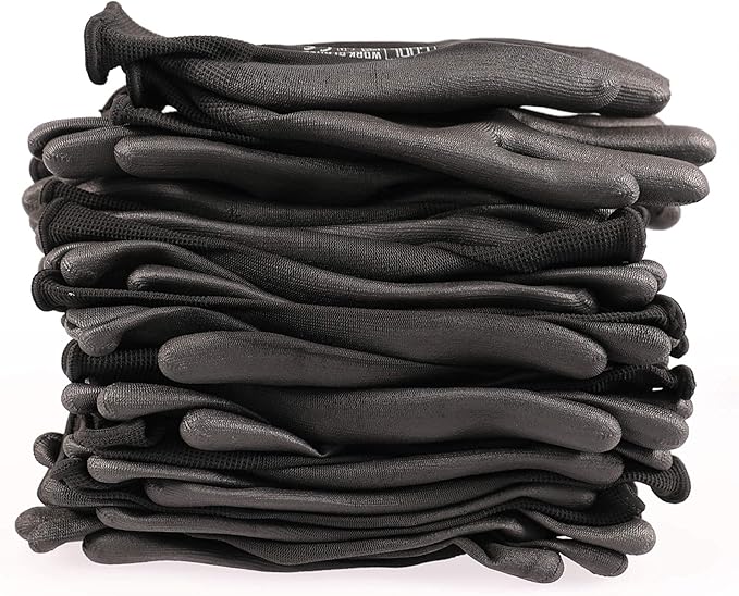 DULFINE Ultra-Thin PU Coated Work Gloves-12 Pairs,Excellent Grip,Nylon Shell Black Polyurethane Coated Safety Work Gloves, Knit Wrist Cuff,Ideal for Light Duty Work. (Small)