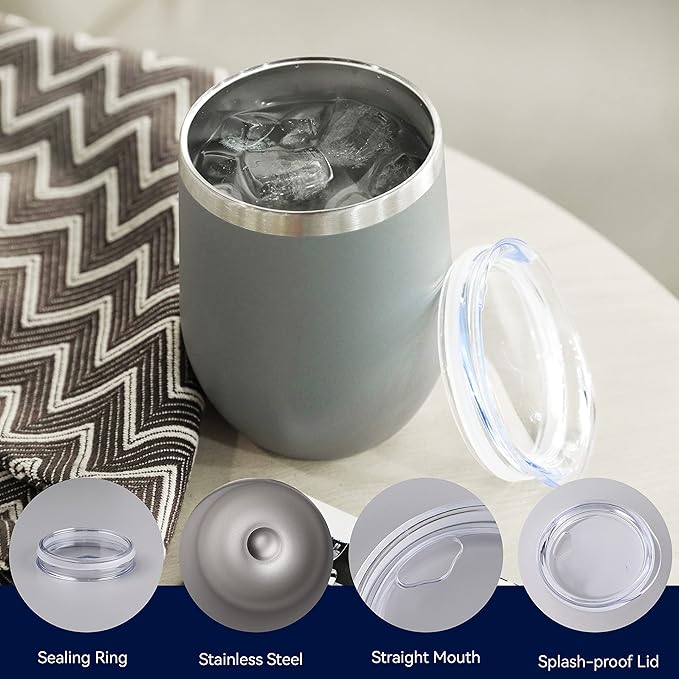 DOMICARE Stainless Steel Wine Tumbler Bulk with Lid, Personalized Insulated Tumblers Set, 12oz Travel Coffee Cups Pack of 8, Gray