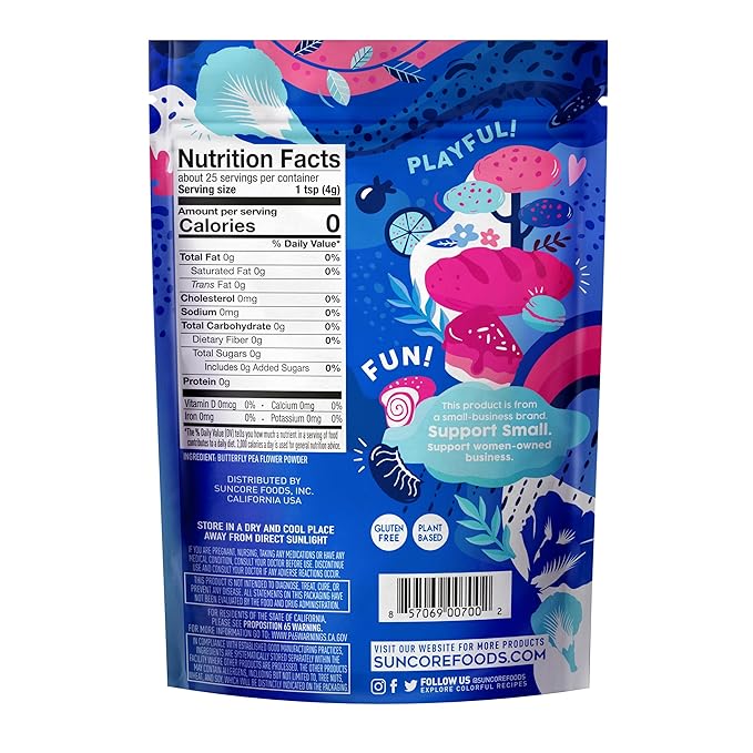 Suncore Foods Blue Butterfly Pea Powder, Blue Food Coloring Powder, Gluten-Free, Non-GMO, 3.5oz (1 Pack)