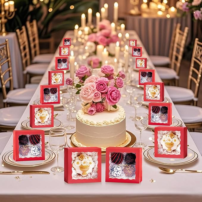 40 Pack 4x4x2 inches Red Bakery Boxes with Window - Macaron, Cookie, Chocolate Truffle, Strawberry & Mini Cake Gift Boxes for Valentine's, Parties, Birthdays, Wedding, Christmas Favors