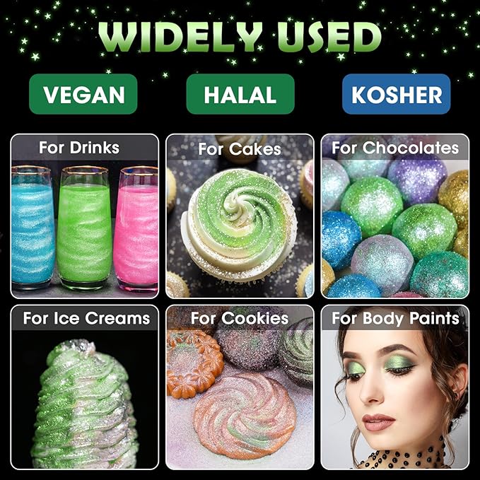 NiHome Edible Food-Grade Glitter Powder Glimmer Luster Dust Metallic Fancy Food Decorating Sprinkle Glimmery Dust for Drink Wine Beverage Cake Bakery Vegan Allergen-Free (Fruit Green, 0.35oz/10g)