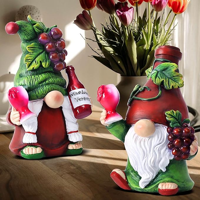 2PCS Wine Gnomes Figurines Home Decor Gnome Gifts for Women Collectible Statue Christmas Decorations for Dining Tables Tiered Pallets Wine Cabinet Living Room