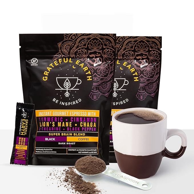 Grateful Earth Mushroom Coffee, Espresso Instant Coffee with Cinnamon, Turmeric, Lion’s Mane Mushrooms, L-Theanine, Chaga Super Brain Blend, Energy & Immune Support, Dairy & Gluten Free, 2 Bags, 40 Ct