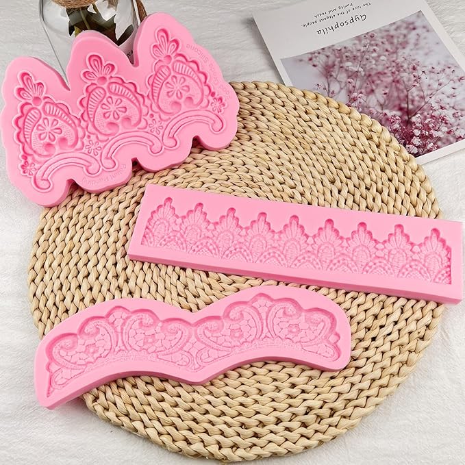 Baroque Embossed Cake Decorating Mold 3pcs, Lace Fondant Silicone Molds for Chocolate Candy Mousse Butter Biscuit Marzipan Sugar Craft Cake Border Cupcake Topper Dessert Display Resin Gypsum Clay