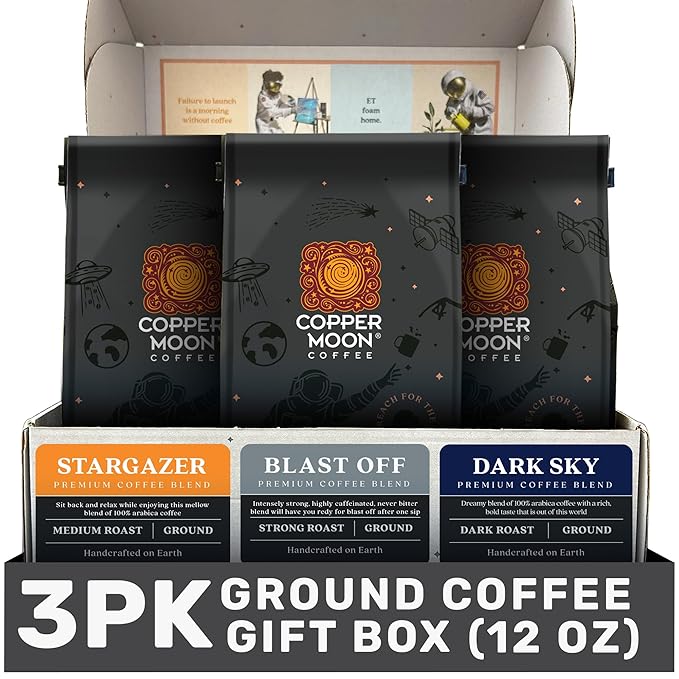 Copper Moon Coffee Gift Box, Ground Coffee Variety Pack, Medium Roast, Dark Roast and Strong Roast blends, 12 oz. bags.