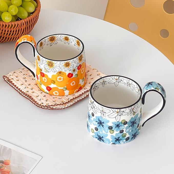 Ceramic Coffee Mug, 12oz Cute Floral Coffee Mugs with Large Handle, Orange Flower Design Stoneware Tea Cup for Office and Home