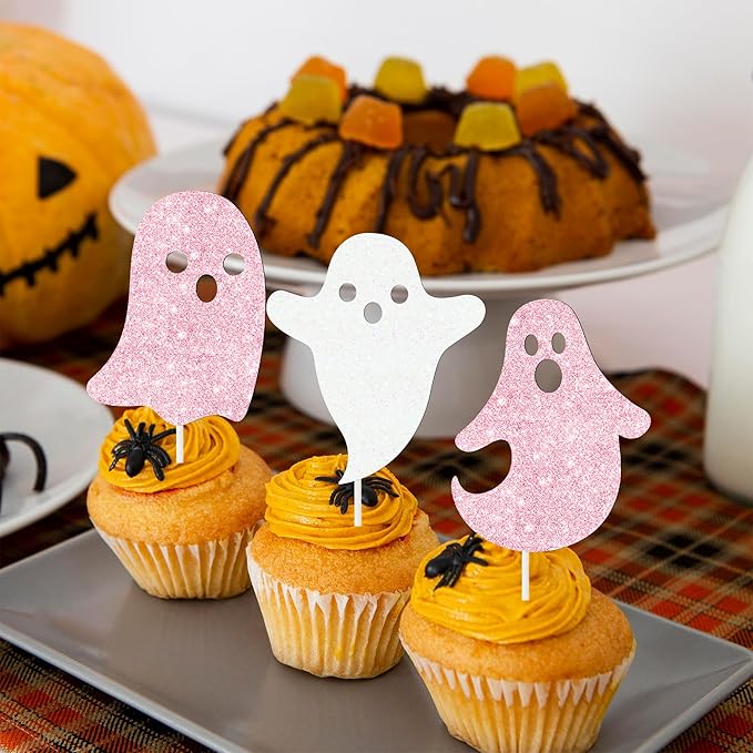 Halloween Ghost Cupcake Decoration 24Pcs Ghost Cupcake Toppers Double Sided Glitter White Pink Halloween Birthday Baby Shower Supplies for Ghost Boo Theme Party Cake Decor