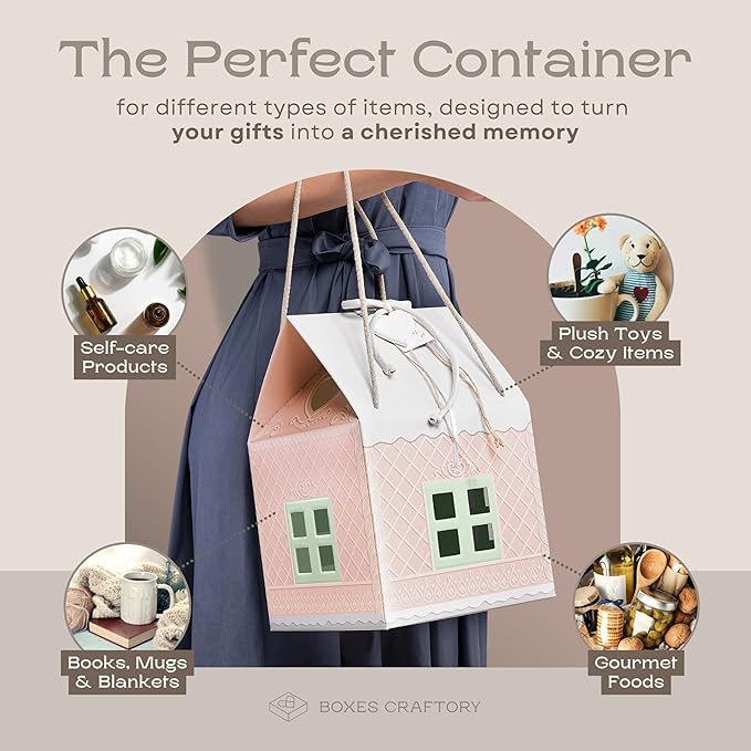 Pack of 5 House Shaped Gift Boxes (7.87 x 7.87 x 7.08 inch) - Mansion Ideal for Presents and for Treats - Fairy Light Pink