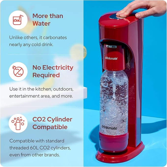 Drinkmate OmniFizz Sparkling Beverage Maker CO2 Bundle - Sparkling Water/Soda Streaming Machine That Carbonates Any Drink - Includes 1 CO2 Cylinder, 1 Carbonation Bottle, 1 Fizz Infuser - Royal Red