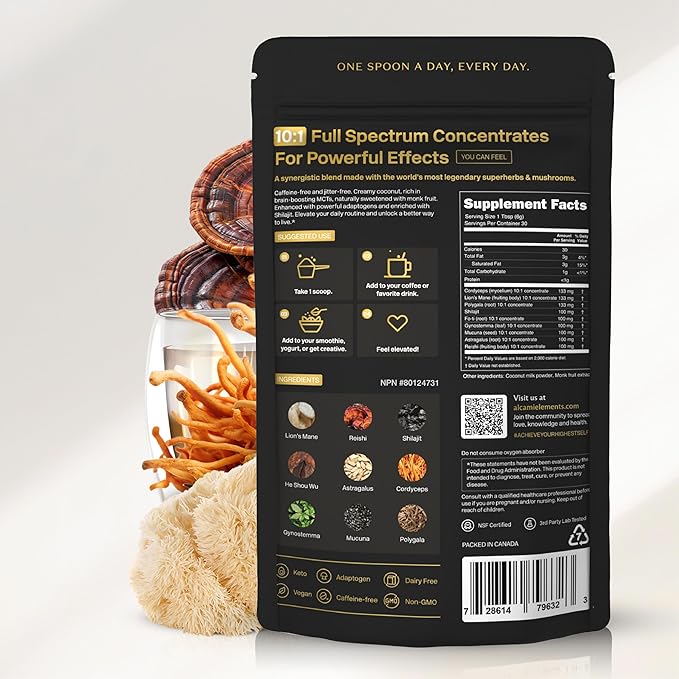 Mushroom Espresso Coffee 10X Concentrated Extract, with Lion's Mane, Reishi & Cordyceps, Energy & Focus Support, 30 Servings, Premium Supplement Powder