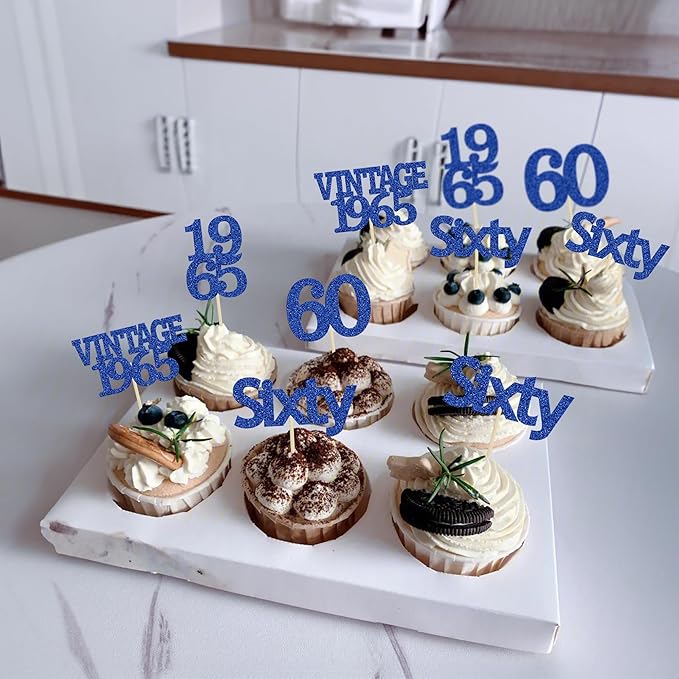 Gyufise 24Pcs Vintage 1965 Cupcake Toppers Cheers to 60 Fabulous Sixty Cupcake Picks Decorations for 60th Birthday Wedding Anniversary Party Cake Decorations Supplies Deep Blue