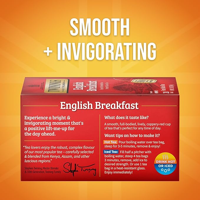 Twinings English Breakfast Black Tea Individually Wrapped Bags, 20 Count (Pack of 6), Flavourful, Robust, Caffeinated, Enjoy Hot or Iced, 120 Teabags