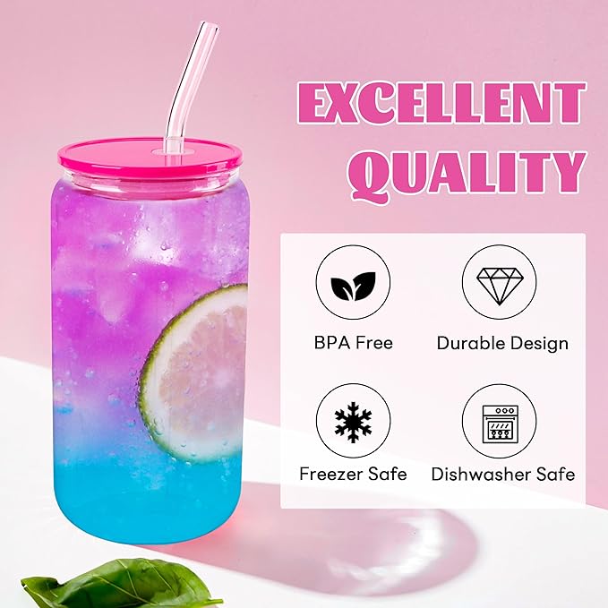Joyclub 8pcs Glass Cups with Acrylic Lids and Straws 16 oz Can Shaped Glass Iced Coffee Cups with Lids and Straws, Cute Tumbler Cup Drinking Glasses for Smoothie Whiskey Boba Soda Tea Gift