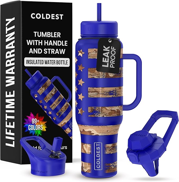 Coldest 40 oz Tumbler with Handle and Straw - 100% Leak Proof Insulated Tumbler with Lid and Straw (3 Lids) - Stainless Steel Tumblers for Women & Men - Cup Holder Friendly Base, 46 oz (The Democrat)