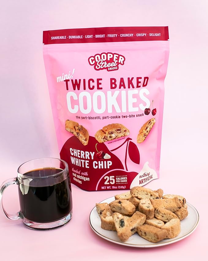 Cooper Street Twice-Baked Cherry White Chip Biscotti Cookies (16 oz Pack of 4) – Over 50 Biscotti Cookies per Bag Loaded with Real Fruit, Traditional Italian Style Snacks - Dairy, Peanut & Soy Free