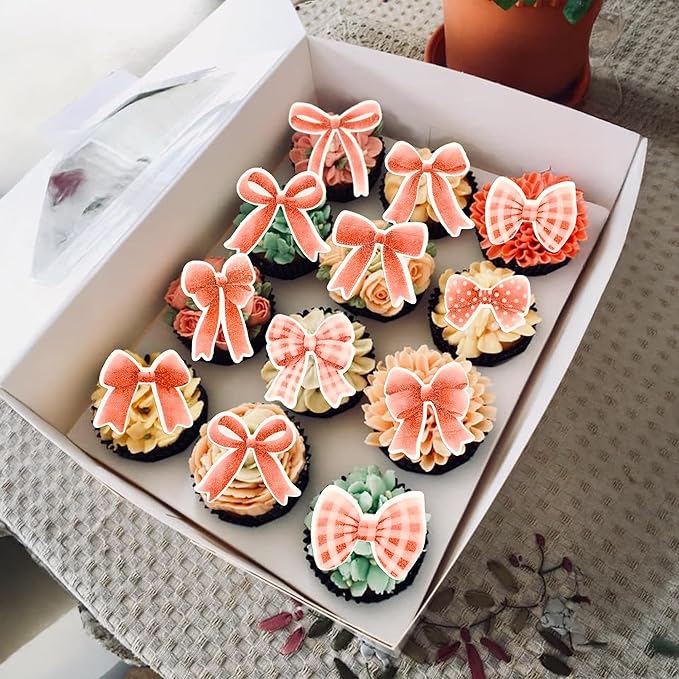 Gyufise 50Pcs Edible Red Bowknot Cupcake Toppers Wafer Paper Bowknot Cake Dessert Picks Baby Shower Princess Cupcake Toppers for Birthday Party Decoration Supplies