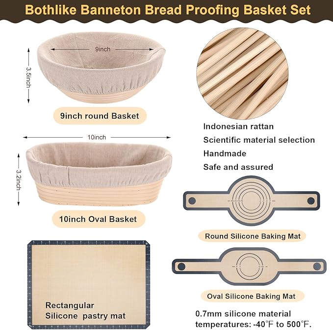 Banneton Bread Proofing Basket Set, 10 In Oval and 9 in Round Proofing Basket, Sourdough Bread Baking Supplies, Silicone Baking Mat, Danish Dough Whisk, Perfect Baker's Gift Set