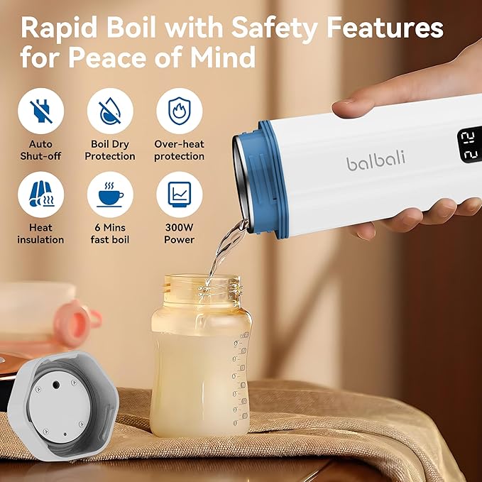 balbali Portable Tea Kettle for Travel 100-240V Dual Voltage - 6 Preset Electric Portable Water Heater for Boiling - Self Heating Cup/Thermos - 12oz Hot Water Boiler/Heater/Warmer - White