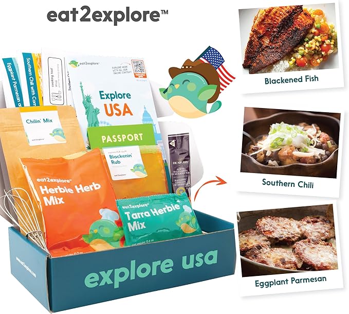 eat2explore Cooking Kits for Kids – Interactive & Educational Kids Cooking Sets Real for Ages 5 and Up,3 Recipe Cards & Global Ingredients – Fun Gift for Young Chefs (USA Edition)