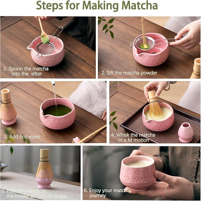Matcha Whisk Set, 10 Pcs Matcha Set Includes Matcha Bowl, 2 Cups, Matcha Whisk and Holder, Bamboo Scoop and Spoon, Scoop Rest, Sifter and Tea Towel, Complete Matcha Kit (Pink)