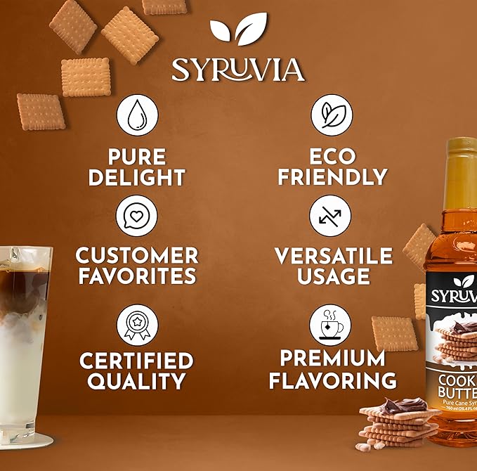 Syruvia Cookie Butter Coffee Syrup - 25.4 fl oz. Kosher and Gluten-Free. Ideal for Enhancing Drinks, Sodas, Shakes, Desserts, and More.
