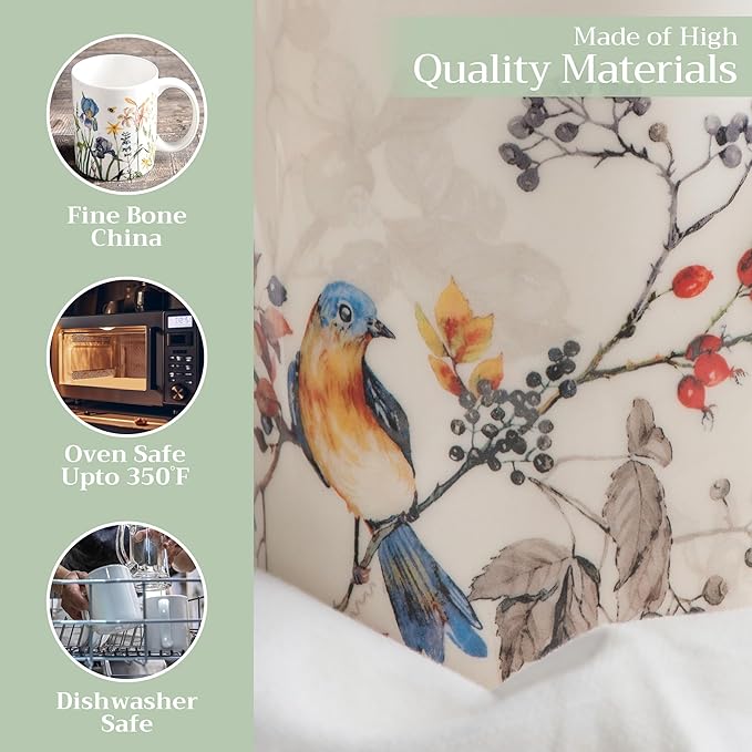Maison d' Hermine Coffee Mug with Handles Fine Bone China Mugs Pack of One Tea Cups for Hot Beverages Cappuccino Latte Home Restaurant Office Perfect for Gift (Equinoxe - Beige Sparrows, 12 Ounce)