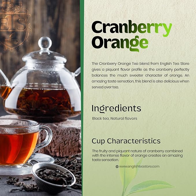 English Tea Store - Cranberry Orange Flavored Black Tea | Tart Cranberry & Sweet Citrus Blend | Natural Fruit Infused | Small Batch Crafted | 25 Teabags Pouch | No Strings or Tags
