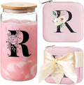 AYGXU Travel Must Have Jewelry Box glass cups with bamboo lids set,Small Travel Jewelry Case,birthday gifts for mom,Travel Gifts for Girls,Travel Jewelry Organizer,Initial R pink