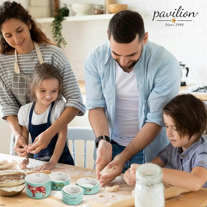 Pavilion Gift Company - 'Live Simply Bee, Chicken, Pig, and Cow' - 4-Piece Stoneware Measuring Cups Set, Sturdy Farmhouse-Style Kitchenware for Home Baking, Cooking, Gifting - Teal, 8 Ounces