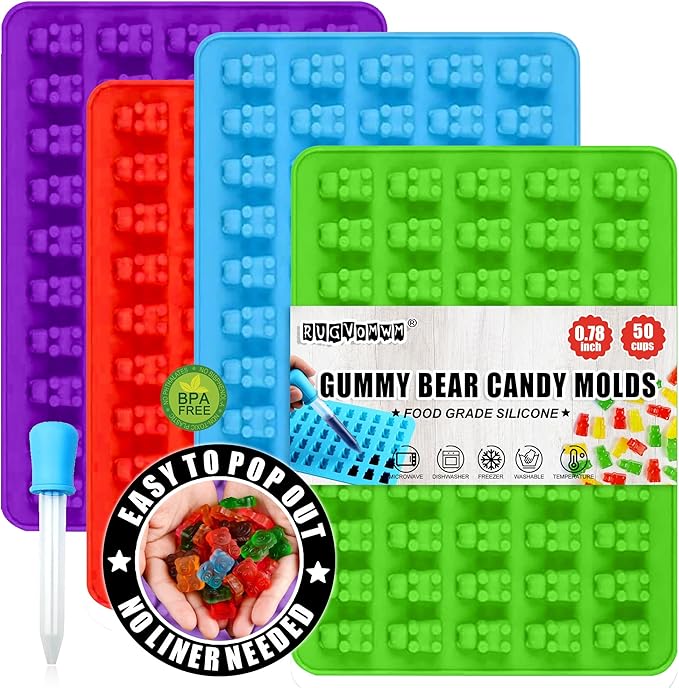 Gummy Bear Silicone Candy Molds - Set of 4 Gummy Bear Mold Trays with Dropper, Fun Making Gummy Bears with Non Stick Silicone Candy Molds, Perfect Silicone Molds for Gummy Bear Candy…