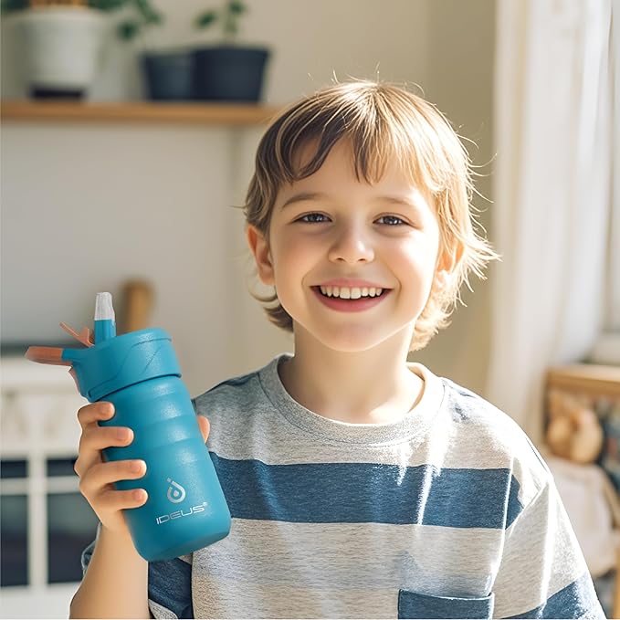 IDEUS Insulated Water Bottle 12oz, Stainless Steel Insulated Water Bottle For School, Insulated Bottles With Straws Leakproof, Vacuum Double Wall Water Bottles For Boys And Girls With 2 Lids, BPA Free